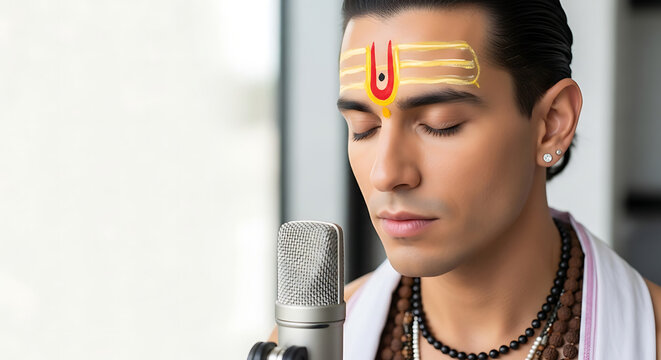 Young man with traditional tilak on forehead praying or singing into microphone for spiritual podcast or bhajan recording. Realistic 3D render.