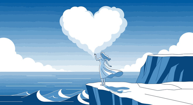 Woman blowing heart cloud on cliff by sea, love concept