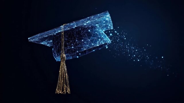 A futuristic representation of academic achievement, a graduation cap constructed from interconnected digital nodes. ..Created with Generative AI, not depicting real subjects.