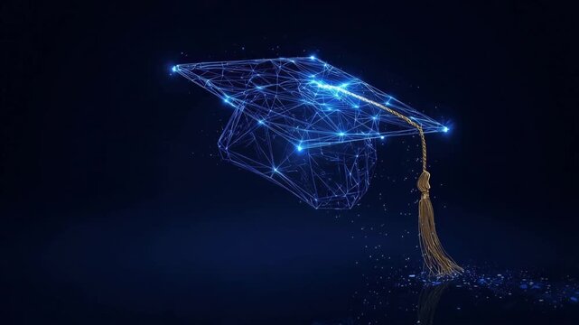A digital graduation cap composed of interconnected lights against a dark backdrop symbolizes knowledge and educational achievement. ..Created with Generative AI, not depicting real subjects.