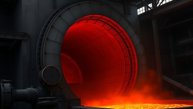 adios. Molten iron flowing from a steel furnace, glowing against dark industrial interior. safety posters, maintenance manuals, designed for precision metalworking and fabrication facilities.