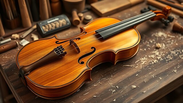 entitling. Unfinished violin on a workbench surrounded by wood shavings, warm wood tones and traditional craftsmanship. safety posters.