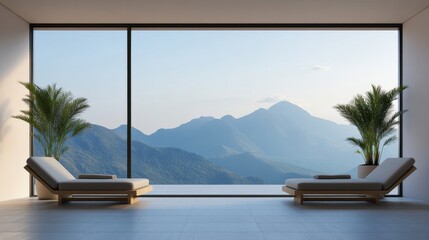 Fototapeta premium Modern Interior with Panoramic Mountain View through Floor-to-Ceiling Window. Two Lounge Chairs and Palms create a serene, minimalist relaxation and spa concept., wellness, retreat
