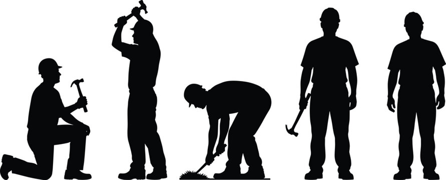 Construction worker silhouette set featuring male builders using hammers, wearing hard hats, kneeling, and standing for industrial building and renovation.