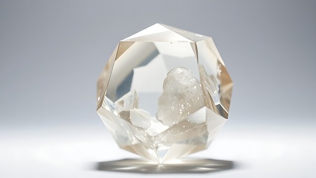 condoning. A naturally formed icosahedral crystal mineral, refracting geometric light in soft natural lighting against a clean background. STEM education sheets.