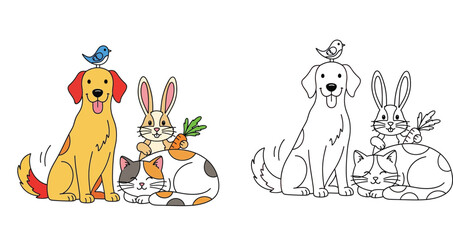 Obraz premium Cute Cartoon Pets Group Dog Cat Rabbit and Bird. Color and Black and White Outline Version for Kids Coloring Book Vector Illustration