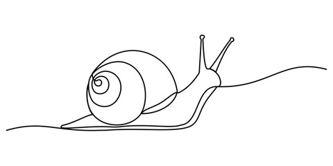Continuous one line drawing of a snail with a spiral shell moving slowly across a flat surface area © Somit