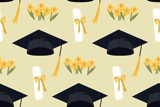 Seamless pattern with graduation caps and flowers. Vector template for fabric, textile, wallpaper, wrapping paper, invitations, banners, posters, and cards.