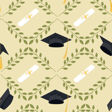 Graduation pattern, seamless vector background with romb leaves pattern. Square academic hats, caps.Grad ceremony backdrop. Vector template for fabric, textile, wallpaper, wrapping paper	
