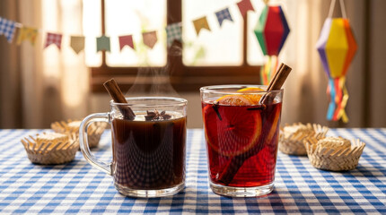 copo de quentão e copo de vinho quente em mesa decorada com tema de festa junina brasileira