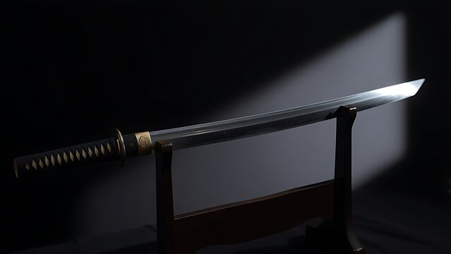 unsheathed. Japanese katana on dark lacquered stand with sharp shadows. event programs, museum guides, designed for cultural heritage projects and event programs, preserves heritage.