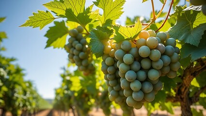 Fototapeta premium torrontes. Torrontes grapevine with gray-green leaves and clusters of grapes under the sun. gardening catalogs, home-decor guides, designed for home decor and floral branding.