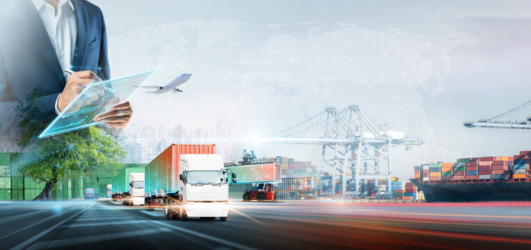 Smart logistics and professional business technology for global supply chain management, cargo delivery, international freight transport, and innovative network connection with data analysis.