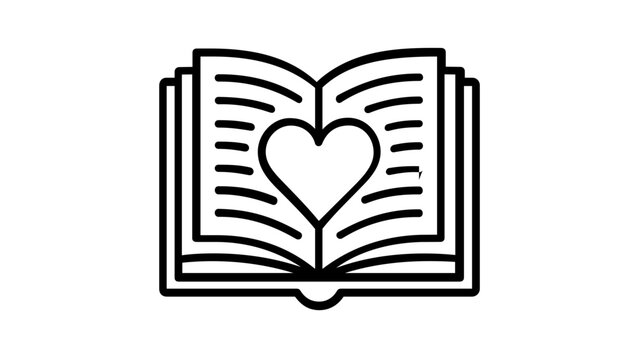 Open book with heart icon vector illustration. Minimalist black line art design representing love for reading, education, romance literature, and knowledge. Scalable flat graphic for design.