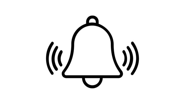 Minimalist ringing bell vector icon illustration. Black line art notification symbol with sound waves on white background. Scalable flat design for digital alerts, UI, and web applications.