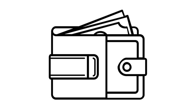 Minimalist black and white line art vector icon illustration of a wallet with paper money banknotes sticking out, representing finance, savings, payment, and personal wealth management.