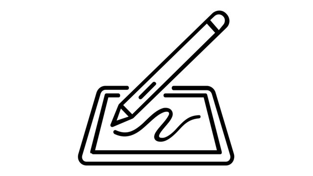 Minimalist Digital Pen and Graphic Tablet Line Icon Illustration; Scalable Vector Art Showing a Stylus Drawing on a Screen for Technology, Design, Creative Work, and Electronic Signatures.