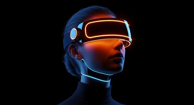 Futuristic woman wearing a glowing visor with neon orange lighting. Cyberpunk aesthetic and artificial intelligence. Female profile with illuminated headset and digital interface