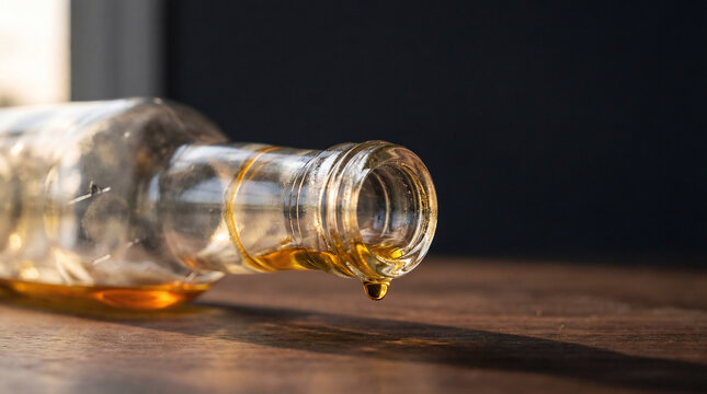 Macro clear bottle on side with final amber droplet, warm side‑light, last serving metaphor