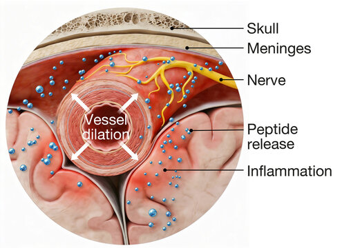Trigeminal Nerve Cross-Section with Vessel Dilation, Peptide Release and Neuroinflammation in Migraine