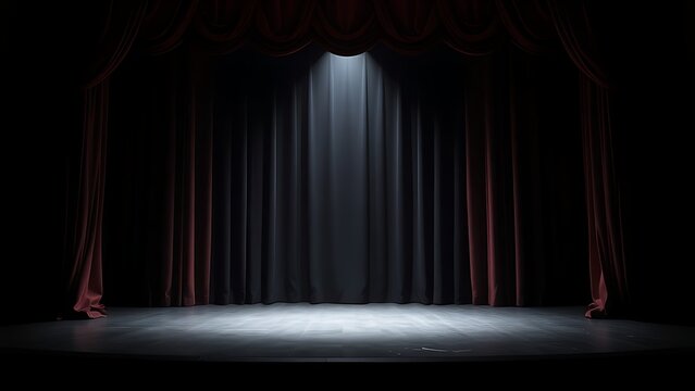 mortification. Theater curtain rises on an empty stage under a single dramatic spotlight. event programs, museum guides, designed for cultural heritage projects and event programs.