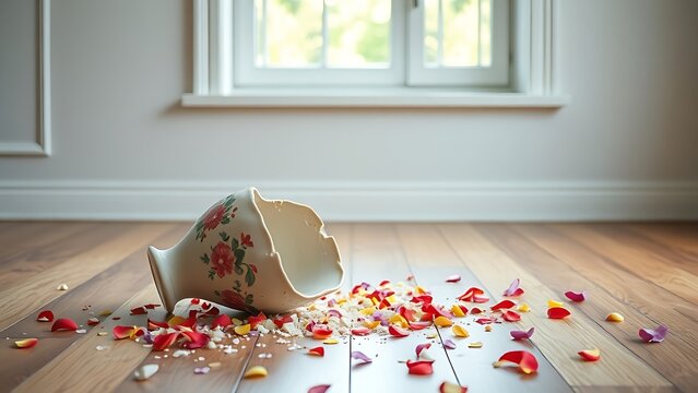 sedition. A shattered ceramic vase on a wooden floor with scattered flower petals in an empty room. wellbeing guides.