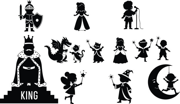 A magical collection of fairytale character silhouettes featuring a king knight princess dragon wizard fairy and singing children for children storybook illustrations and fantasy designs.