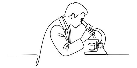Continuous single line drawing of a scientist looking through a microscope in the laboratory lab Vector, illustration