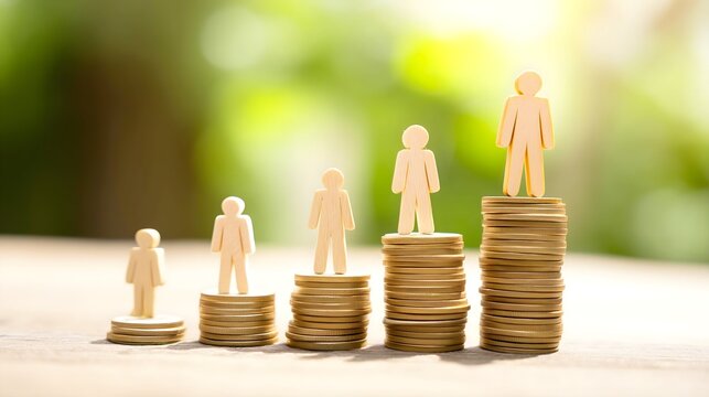 Wooden figures standing on stacked coins showing income inequality wealth gap and financial growth hierarchy