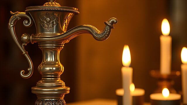 flagon. Ornate silver flagon reflecting candlelight with slight tilt, warm golden tones. bar promotions, beverage menus, designed for food & beverage menus and cafe branding.