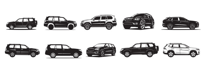 Fototapeta premium Black silhouette of a modern SUV rear quarter view on white background