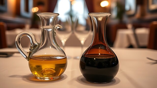 cruets. Glass cruets with olive oil and balsamic vinegar on a linen table. menu design, packaging mockups, designed for culinary blogs and recipe cards for restaurants.