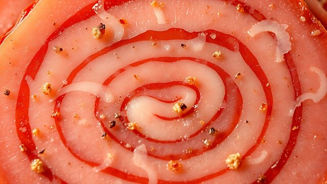yanked. Close-up of a mortadella slice showing its marbled pattern of meat and fat. menu design, packaging mockups, designed for food delivery and cloud-kitchen brand materials, used by hr managers.