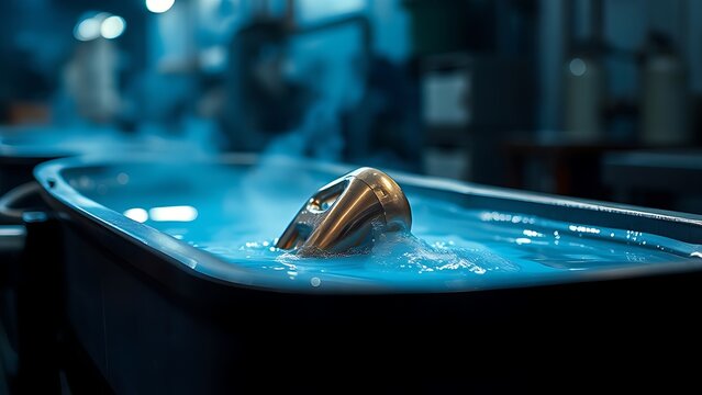 electrolytic. A copper part emerging from a blue electrolytic bath in an industrial setting. safety posters, maintenance manuals, designed for precision metalworking and fabrication facilities.