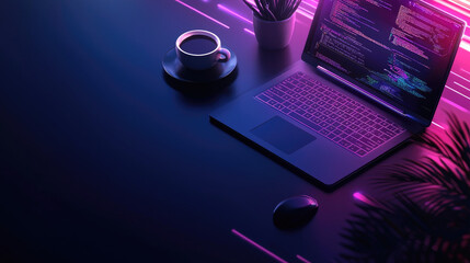 Modern coding workspace with neon lighting