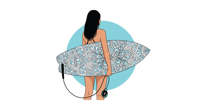 Rear view of a woman holding a patterned surfboard while standing in front of a blue circle on a white background.