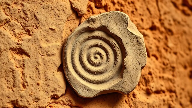 sunbleached. Spiral pattern on ancient pottery shard against an ochre wall. event programs, museum guides, designed for cultural heritage projects and event programs, preserves heritage.