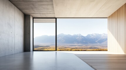 Fototapeta premium Sleek concrete and wood minimalist interior with a vast panoramic window overlooking a majestic mountain range and vibrant autumn valley. Modern nature integration. ,Architecture,