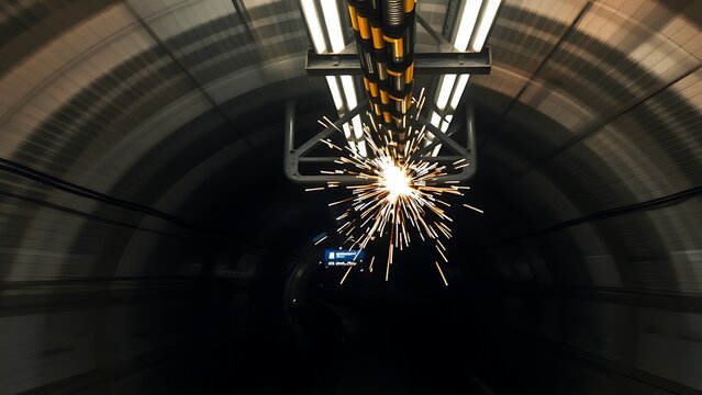 pantograph. Train's pantograph sliding against wires in dark tunnel with motion blur and sparks. mobility guides, transit brochures, designed for transport & logistics marketing.