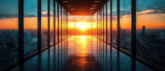 Sunset City Skyline Through Glass Corridor Of Modern Office Tower With Futuristic Reflections