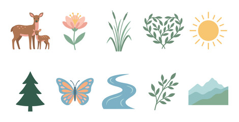 Naklejka premium Nature themed illustrations featuring deer, flowers, trees, mountains, and other elements of the natural world in a charming flat design style.