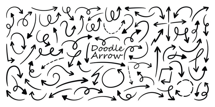 Hand drawn curved doodle arrow set. Set of curved, Loop, swirl and sketch arrows. Pen lines, arrows scribbles vector illustration.