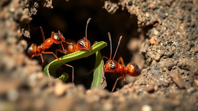 phonology. Ants communicating with antennae at nest entrance, coordinating to carry leaf fragment. wildlife magazines, conservation campaigns, designed for wildlife conservation campaigns.