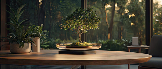 Bonsai Tree on Wooden Table in Sunlit Living Room With Zen Indoor Plant and Moss Dish