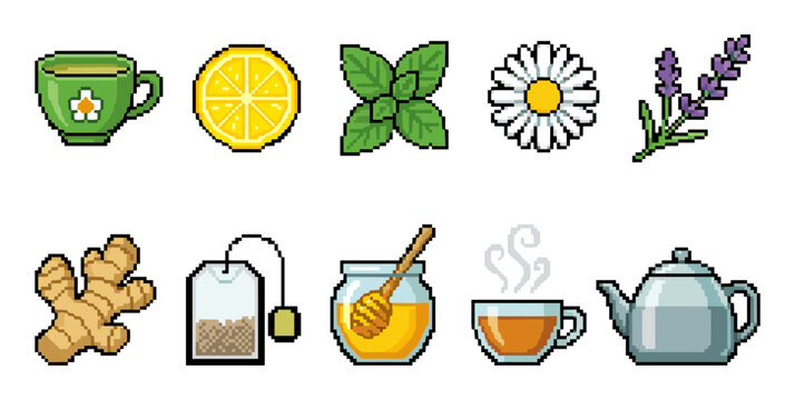 Various pixel art icons of tea ingredients and accessories are displayed, including cups, lemon, mint, chamomile, lavender, ginger, honey, and a teapot, perfect for retro game design.