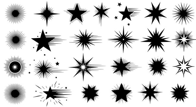 Stars explosion set with black vector graphics and dynamic lines, abstract burst effects. featuring star, effect, graphic with illustration and