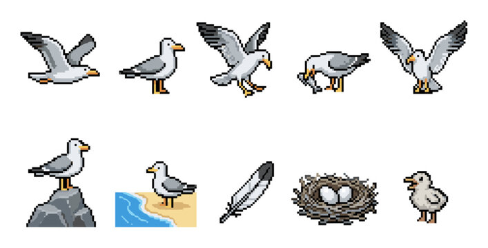 Pixel art seagull collection featuring various poses, a feather, nest with eggs, and a chick, ideal for retro game design and digital projects.