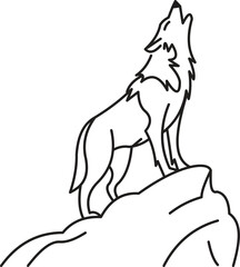 Obraz premium Howling Wolf Line Art Illustration, Wild Animal on Rock Outline Drawing, Minimal Wildlife Design