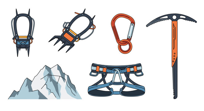 Collection of mountaineering and climbing equipment including crampons, carabiner, ice axe, harness, and snowy mountains.