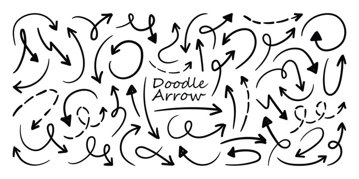 Hand drawn curved doodle arrow set. Set of curved, Loop, swirl and sketch arrows. Pen lines, arrows scribbles vector illustration.